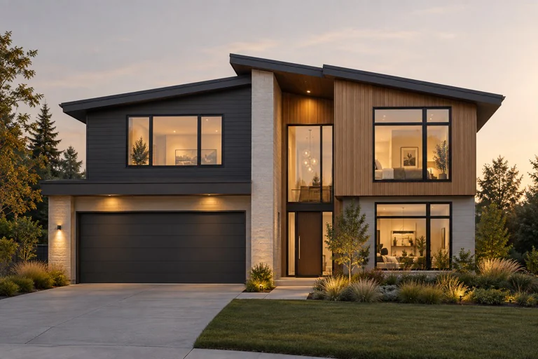 The completed conceptual home with oak, stone and charcoal siding